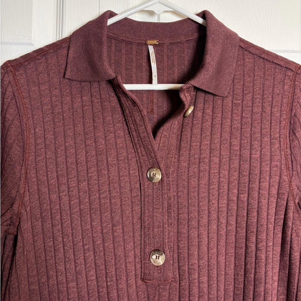 Free People Knit Top Heart Strings Short Sleeve Ribbed Shirt Mahogany Size Small - Picture 5 of 10